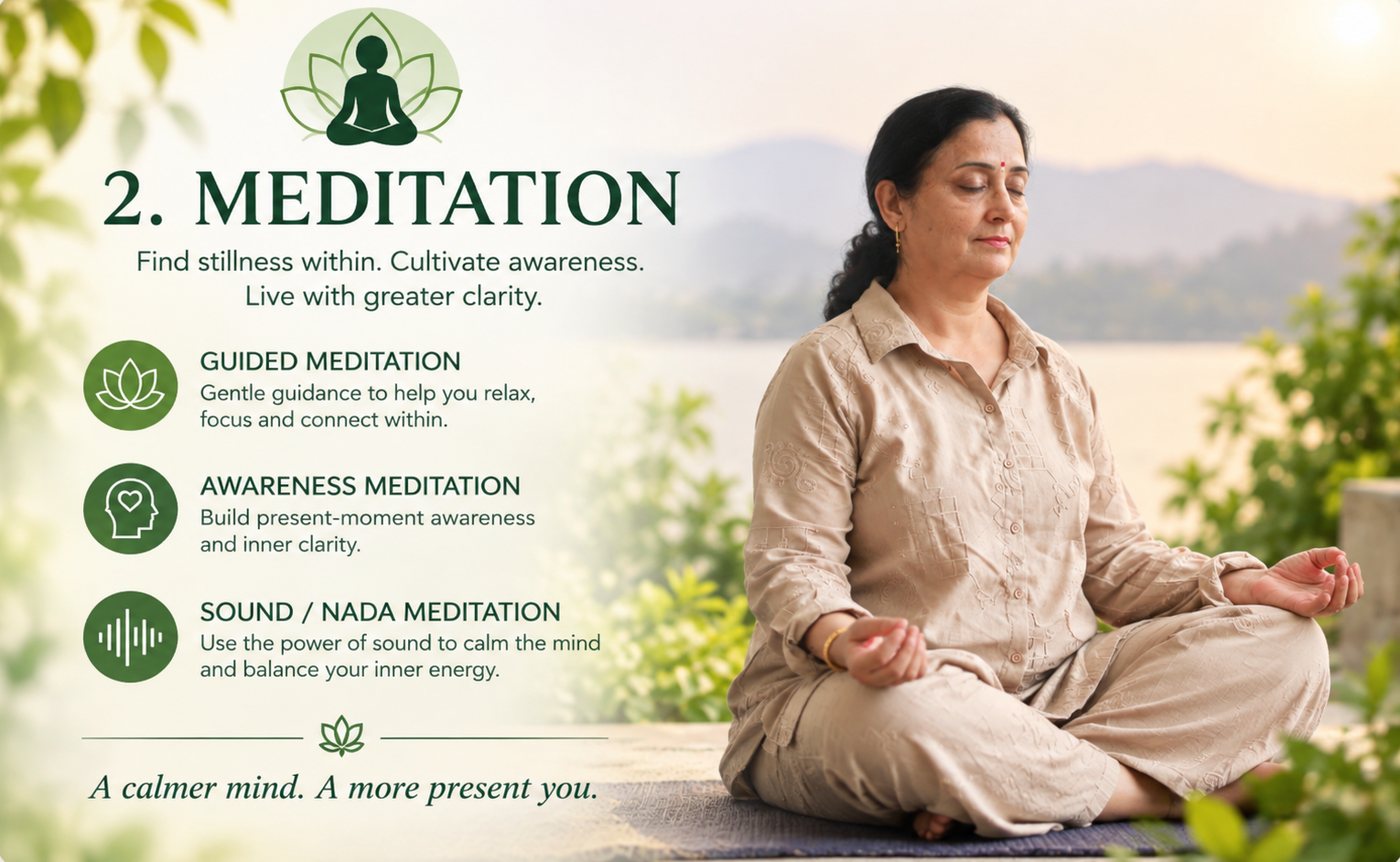 Meditation — Simple guided awareness practices: guided, awareness and sound (nada) meditation.