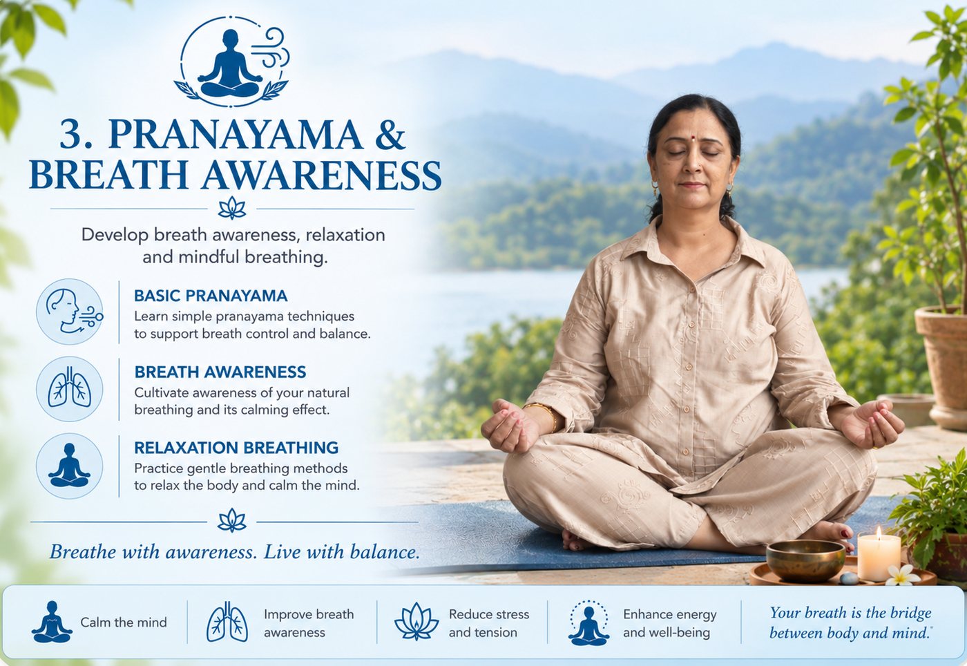 Pranayama and Breath Awareness — basic pranayama, breath awareness and relaxation breathing.