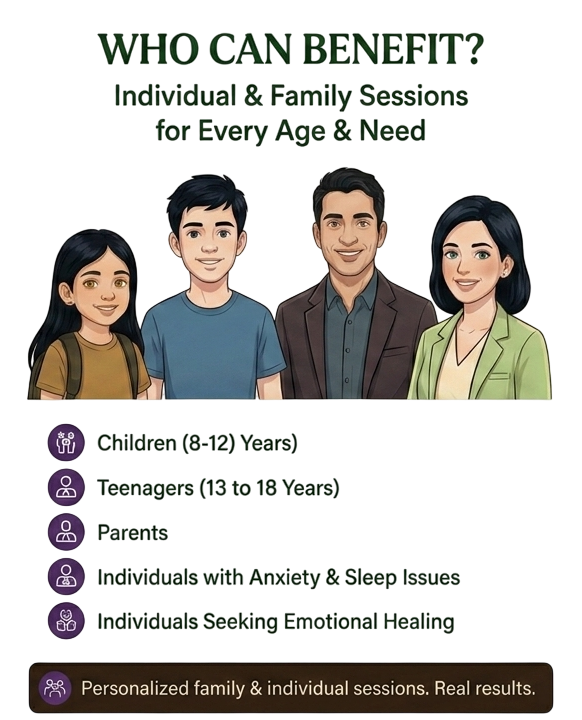 Yoga Nidra Therapy is for every age — children, teenagers, parents, and individuals seeking emotional healing or anxiety and sleep relief